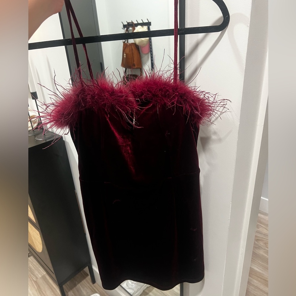 Burgundy velvet mini dress with feather trim